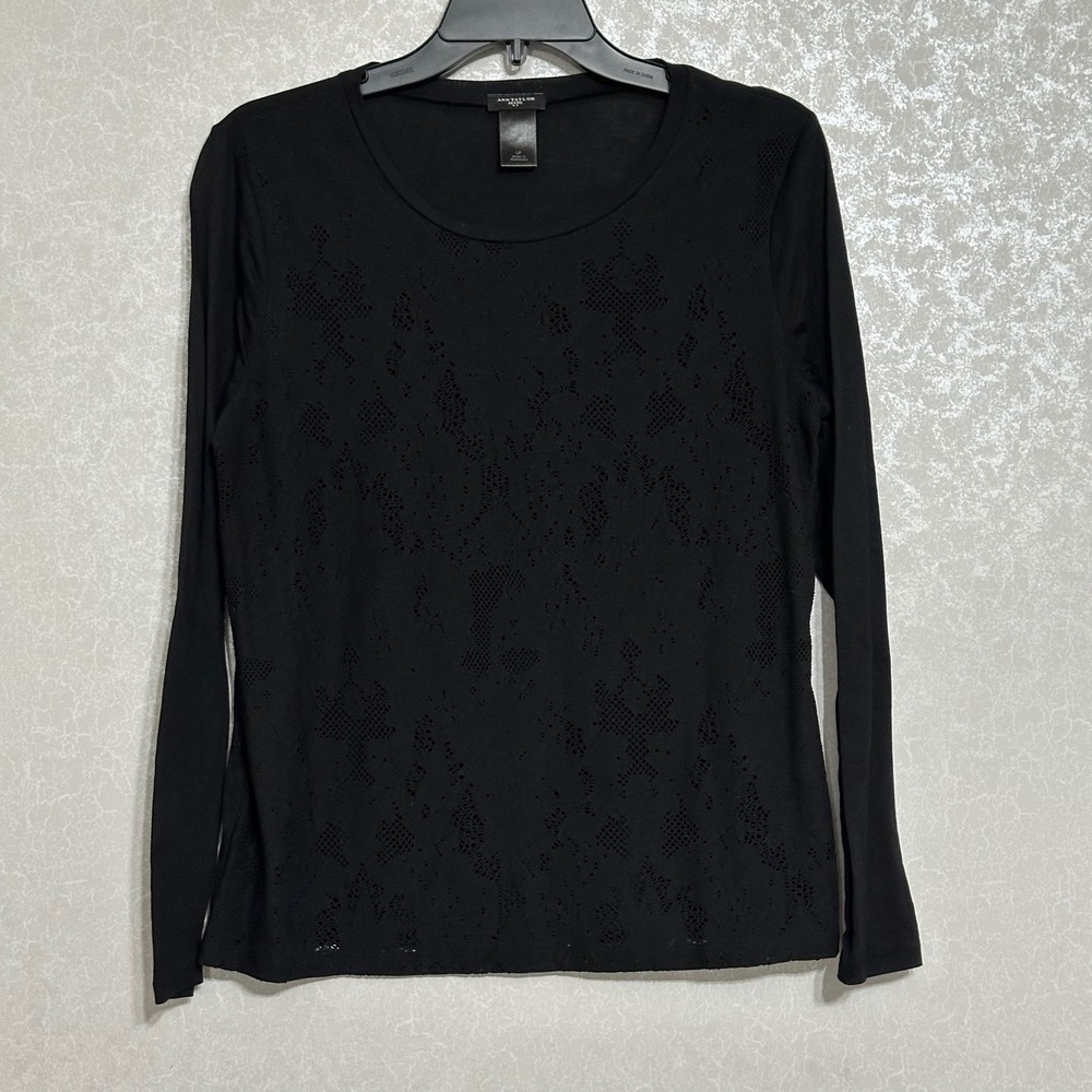 Ann Taylor Petite Black Long Sleeve Top Floral Lace Overlay Blouse LP